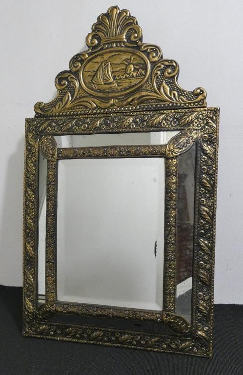 Oude Hollandse latoen koperen spiegel [1149], Antiek en Kunst, Antiek | Spiegels, Minder dan 50 cm, Minder dan 100 cm, Rechthoekig