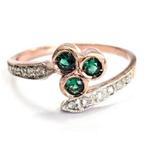 Rose gouden/zilveren ring met diamanten en smaragd, 18 tot 19, Ophalen of Verzenden, Zo goed als nieuw, Met edelsteen