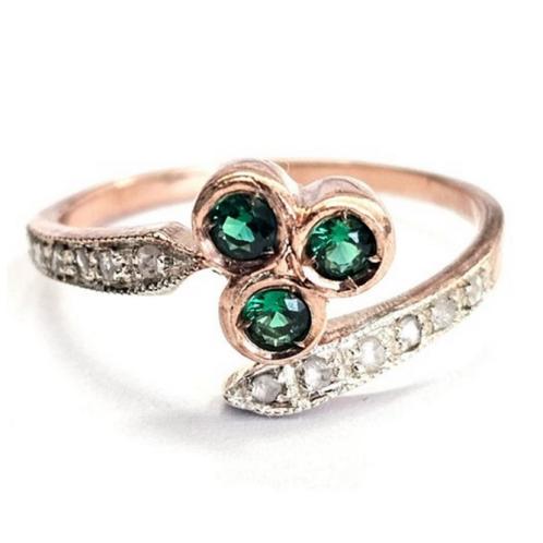 Rose gouden/zilveren ring met diamanten en smaragd, Sieraden, Tassen en Uiterlijk, Ringen, Zo goed als nieuw, Dame, 18 tot 19