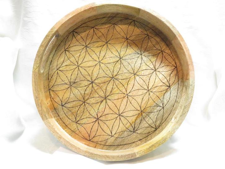 Houten dienblad / altaarbord / grid flower of life, Huis en Inrichting, Woonaccessoires | Dienbladen, Nieuw, Hout, Rond, Ophalen of Verzenden