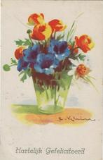 Blauwe gentiaan en oranje bloemen in glazen vaas – C. Klein, Ophalen of Verzenden, 1920 tot 1940, Ongelopen, Natuur