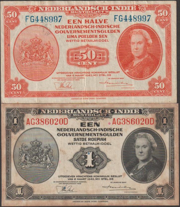 Nederlands Indië set van 2 biljetten 1943 gebruikt (nr 81), Postzegels en Munten, Bankbiljetten | Azië, Setje, Zuidoost-Azië, Verzenden