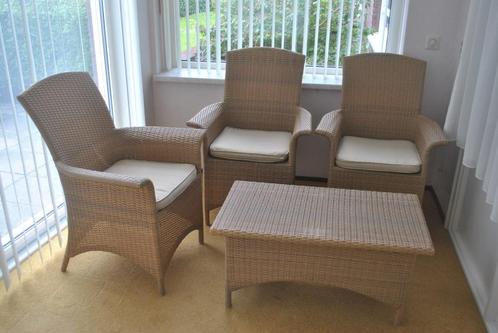 Tuinset, 3 fauteuils en een tafeltje, Tuin en Terras, Tuinsets en Loungesets, Gebruikt, Tuinset, 3 zitplaatsen, Bijzettafel, Stoel