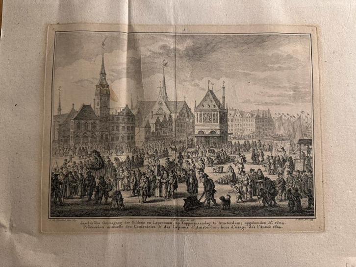Koppermaandag met leprozenoptocht te Amsterdam, 1604, Antiek en Kunst, Kunst | Etsen en Gravures, Ophalen of Verzenden
