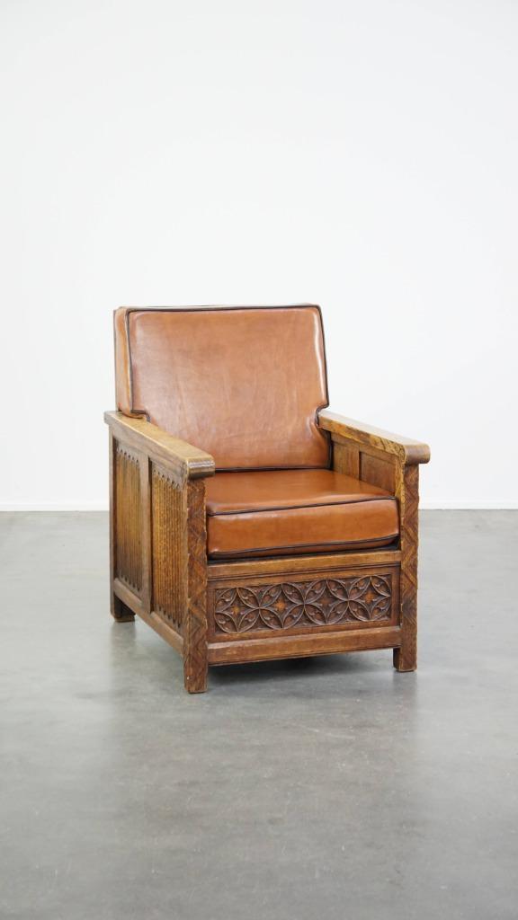 Unieke antieke schapenleren fauteuil, Huis en Inrichting, Fauteuils, Gebruikt, Hout, Leer, 50 tot 75 cm, 75 tot 100 cm, Ophalen
