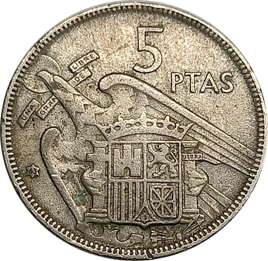 Spanje 5 pesetas 1957 (1963) - Lastig jaar, Postzegels en Munten, Munten | Europa | Niet-Euromunten, Verzenden, Overige landen