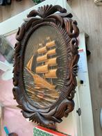 houten schilderij met schip erin van hout achter glas, Antiek en Kunst, Ophalen of Verzenden