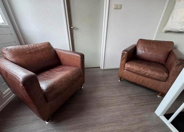 Twee Minotti Fauteuils - Cognac Leer, Huis en Inrichting, Fauteuils, Zo goed als nieuw, Leer, 75 tot 100 cm, Ophalen