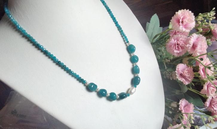 Prachtige Ketting Apatiet 50cm Facet Rond Sterling Zilver, Sieraden, Tassen en Uiterlijk, Kettingen, Nieuw, Steen of Mineraal