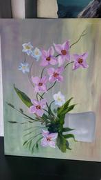 60 bij 40 cm. Paarse bloemetjes.op hout geschilderd, Ophalen of Verzenden