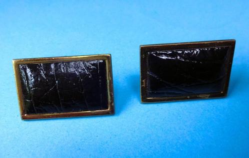 Rechthoekige manchetknopen goudkleurig met zwart leer, Sieraden, Tassen en Uiterlijk, Manchetknopen, Gebruikt, Overige materialen
