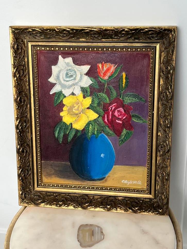 Vintage stilleven schilderij in mooie barok lijst 32,5x38,5, Antiek en Kunst, Kunst | Schilderijen | Klassiek, Ophalen of Verzenden