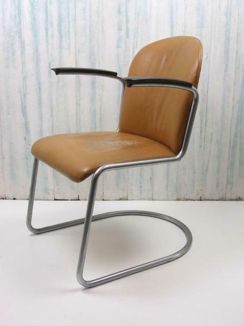 Gispen stoel 413 L, Huis en Inrichting, Stoelen, Gebruikt, Eén, Leer, Metaal, Bruin, Ophalen