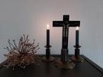 antieke art Nouveau kandelaar + kruisbeeld brons, Ophalen of Verzenden