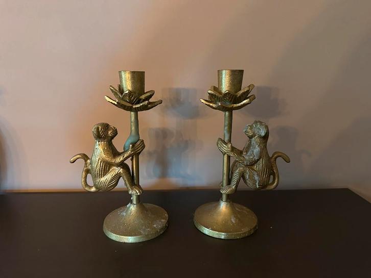 Gouden Aapjes Kandelaars, Huis en Inrichting, Woonaccessoires | Kandelaars en Kaarsen, Zo goed als nieuw, Kandelaar, Minder dan 25 cm