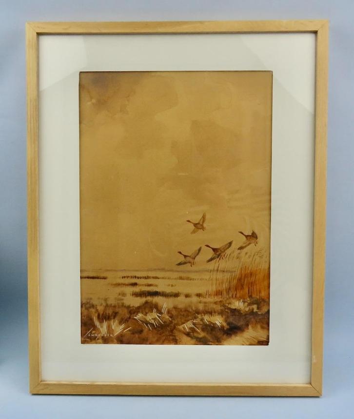 Jo Schrijnder 1894-1968 - Ganzen in de Biesbosch - aquarel, Antiek en Kunst, Kunst | Schilderijen | Klassiek, Ophalen of Verzenden