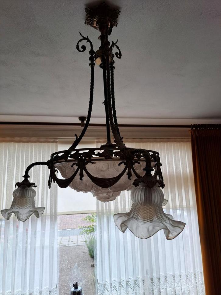 Antieke Hanglamp met 3 Glazen Lampjes, Antiek en Kunst, Antiek | Lampen, Ophalen of Verzenden