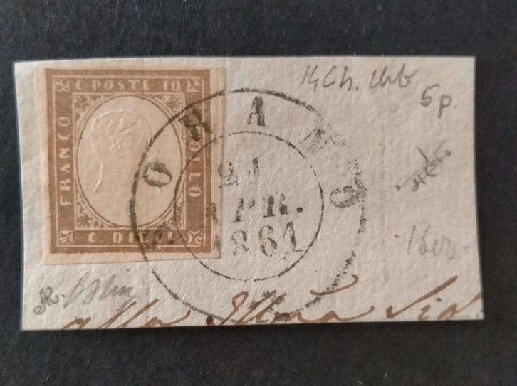 ITALIË - SARDEGNA 1861 10 c. bruno tenue Sa14Ch 5 punten, Postzegels en Munten, Postzegels | Europa | Italië, Gestempeld, Ophalen of Verzenden