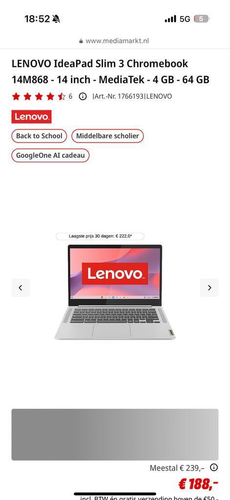 Lenovo IdeaPad Slim 3 Chromebook, Computers en Software, Chromebooks, Nieuw, 14 inch, 4 GB of minder, 64 GB, Ophalen of Verzenden