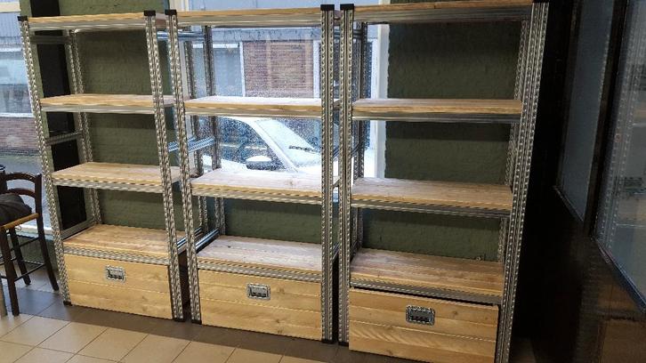 Stellingkast industrieel maatwerk van staal met steigerhout, Huis en Inrichting, Kasten | Ladekasten, Nieuw, 200 cm of meer, 50 tot 100 cm