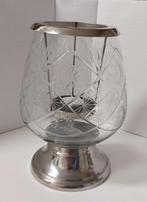 Gedecoreerd glazen windlicht met chromen voet. Bieden., Ophalen of Verzenden, Zo goed als nieuw, Overige materialen, Minder dan 25 cm
