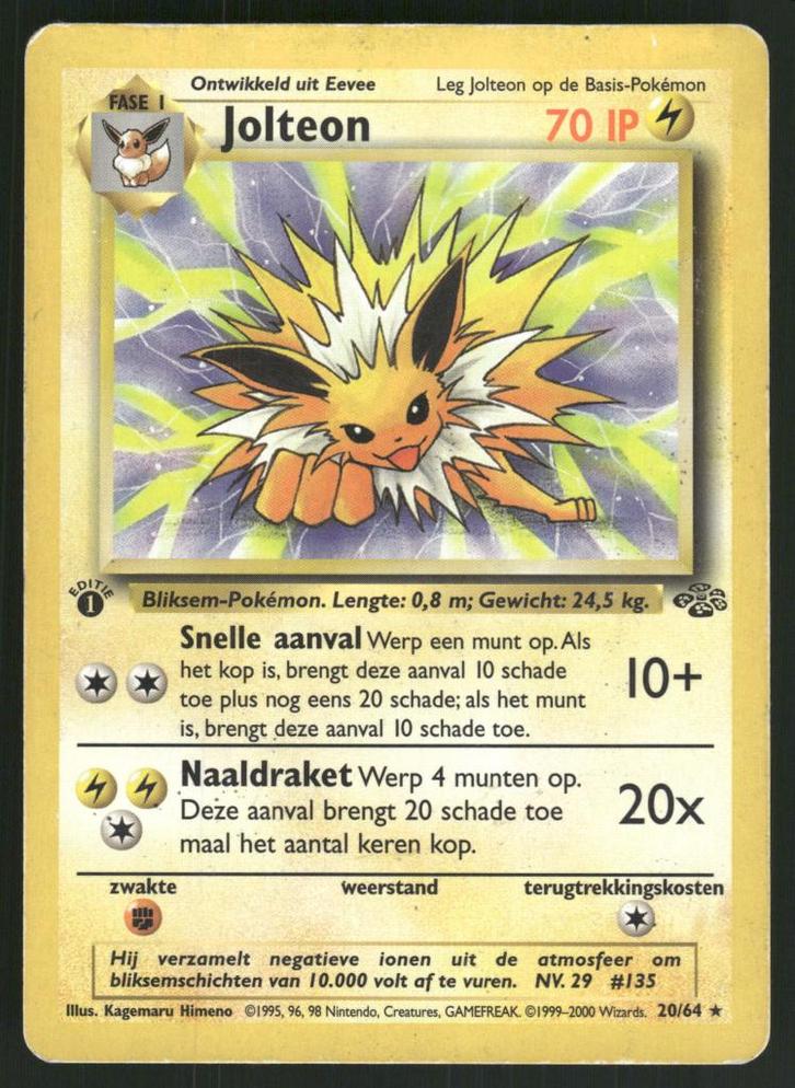 Jolteon 20/64 - Jungle (1st edition) (NL) (EX), Hobby en Vrije tijd, Verzamelkaartspellen | Pokémon, Gebruikt, Verzenden