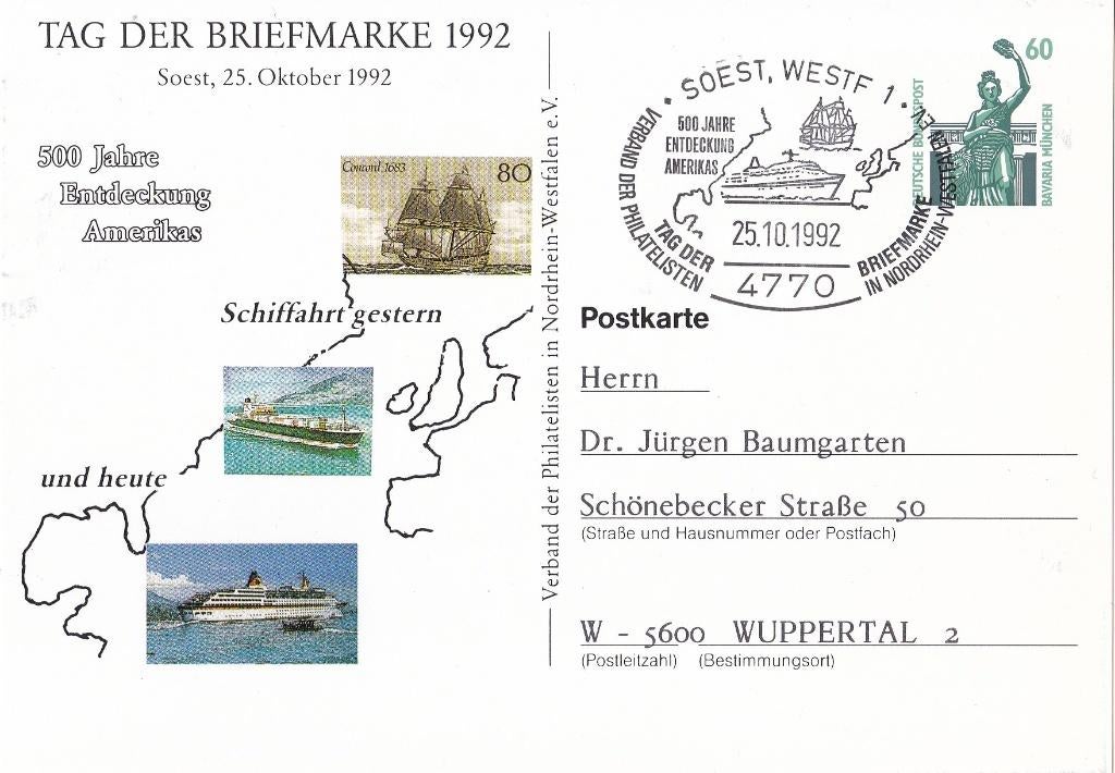 Duitsland – Postkarte – Tag der Briefmarke 1992, Verzenden, Briefkaart