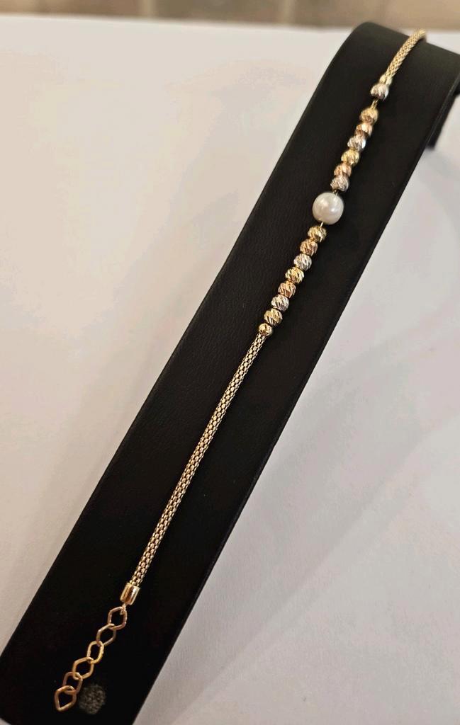14 karaats gouden tricolor armband bolletjes met parel 20cm, Sieraden, Tassen en Uiterlijk, Armbanden, Zo goed als nieuw, Goud
