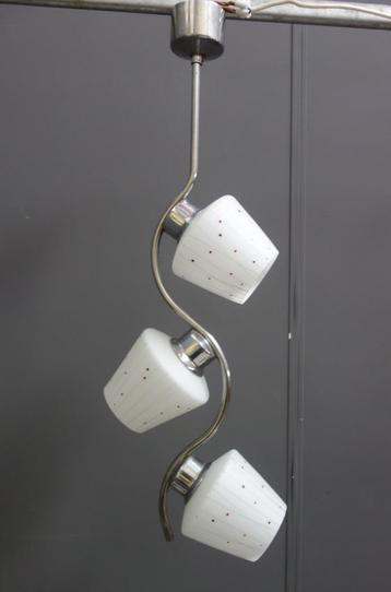 50 jaren CHROOM hang lamp 3 melkwit glas kap rood zwart stip beschikbaar voor biedingen