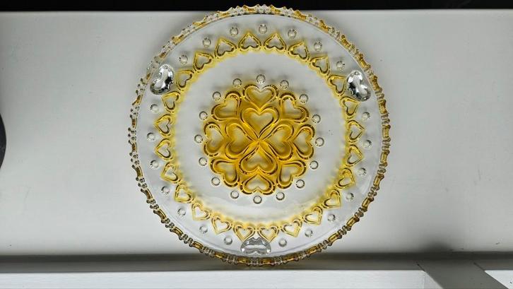 Vintage Glazen Taartschaal met Gouden Hartjes, Antiek en Kunst, Antiek | Glas en Kristal, Ophalen of Verzenden