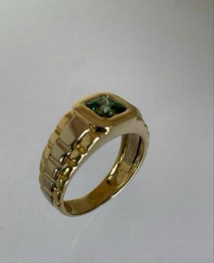 14K Gouden Rolex Ring met Groene Zirkonia - Maat 18,5, Sieraden, Tassen en Uiterlijk, Ringen, Zo goed als nieuw, Heer, 18 tot 19