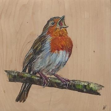 Schilderij Roodborstje op gebruikt hout beschikbaar voor biedingen