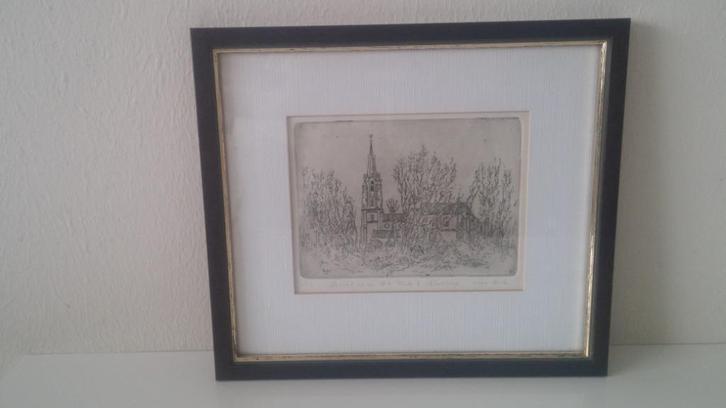 Oude ets van de R.K. kerk in Nootdorp., Antiek en Kunst, Kunst | Etsen en Gravures, Ophalen of Verzenden