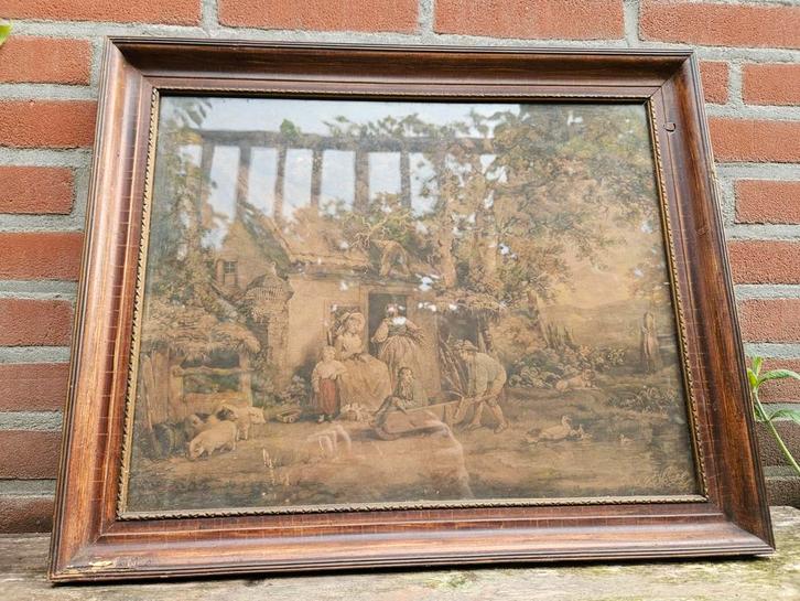 Antiek Schilderij 'The Happy Cottagers' 1793, Antiek en Kunst, Kunst | Schilderijen | Klassiek, Ophalen of Verzenden