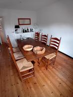 zwaar eiken tafel, met biezenmatten eiken stoelen., Huis en Inrichting, 4 tot 6 stoelen, Gebruikt, Retro antiek., Ophalen