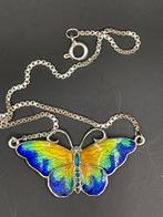 Vlinder in blauw, geel en groen mozaïek emaille., Ophalen, Overige materialen, Gebruikt, Zilver