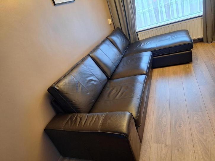 Donkerbruine Leren Loungebank + Poef - Nette Staat!, Huis en Inrichting, Banken | Voetenbanken en Poefen, Zo goed als nieuw, 125 cm of meer