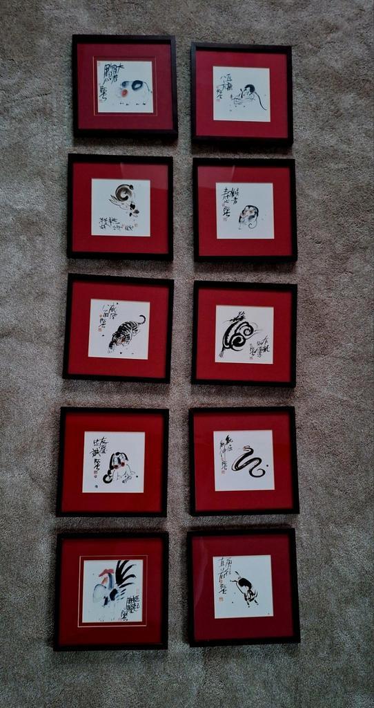 Chinese dierenriemtekens - Kalligrafie - lijsten -, Antiek en Kunst, Curiosa en Brocante, Ophalen of Verzenden