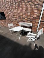 Antieke metalen tuinset met bankje, stoelen en voetenbankjes, Ophalen, Gebruikt, Metaal