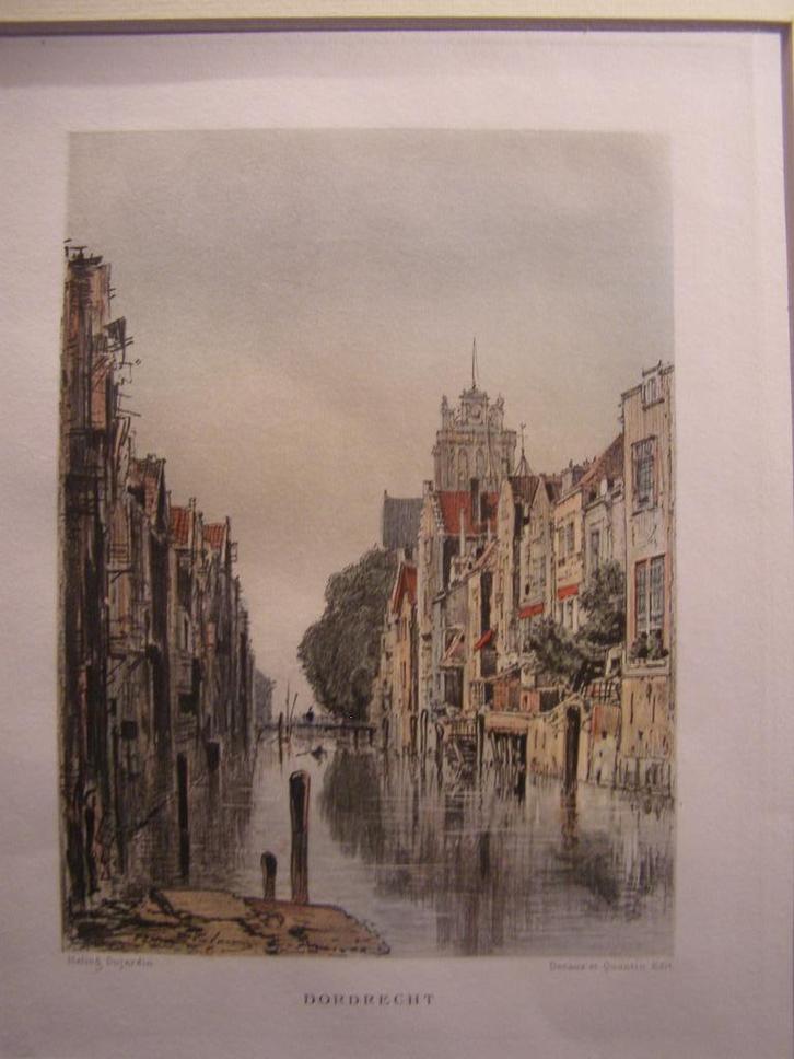 3x gekleurde gravure van Dordrecht rond 1880 van Dujardin, Antiek en Kunst, Kunst | Etsen en Gravures, Ophalen of Verzenden
