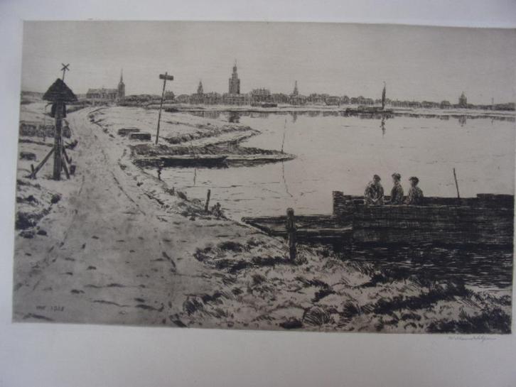 Witjens, Willem-Gezicht op Kampen vanaf Kampereiland Ets1935, Antiek en Kunst, Kunst | Etsen en Gravures, Ophalen of Verzenden