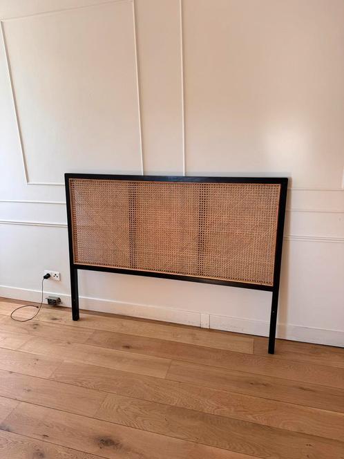 Rotan hoofdbord 160 cm – zwart frame – stijlvolle vintage, Huis en Inrichting, Slaapkamer | Bedden, Zo goed als nieuw, Tweepersoons