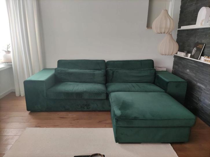 3 zits bank met hocker ,velours, groen., Huis en Inrichting, Banken | Complete zithoeken, Zo goed als nieuw, Stof, Ophalen of Verzenden