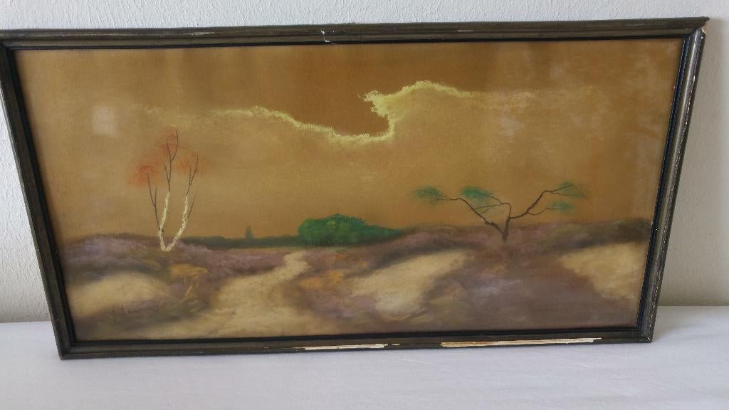 Figuratef en abstract schilderij van wolken boven de heide., Ophalen of Verzenden