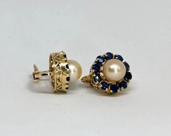 14 karaat gouden oorbellen met saffier en zuidzeeparels, Sieraden, Tassen en Uiterlijk, Oorbellen, Zo goed als nieuw, Knopjes of Stekers