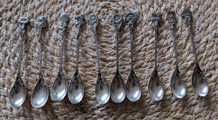 Set van 10 vintage verzilverde bloemen theelepels Hooijkaas, Antiek en Kunst, Antiek | Bestek, Ophalen of Verzenden