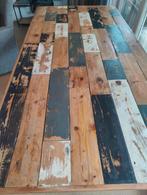 Handgemaakte eettafel met metalen kruis poten, Ophalen, Gebruikt, 100 tot 150 cm, Vijf personen of meer