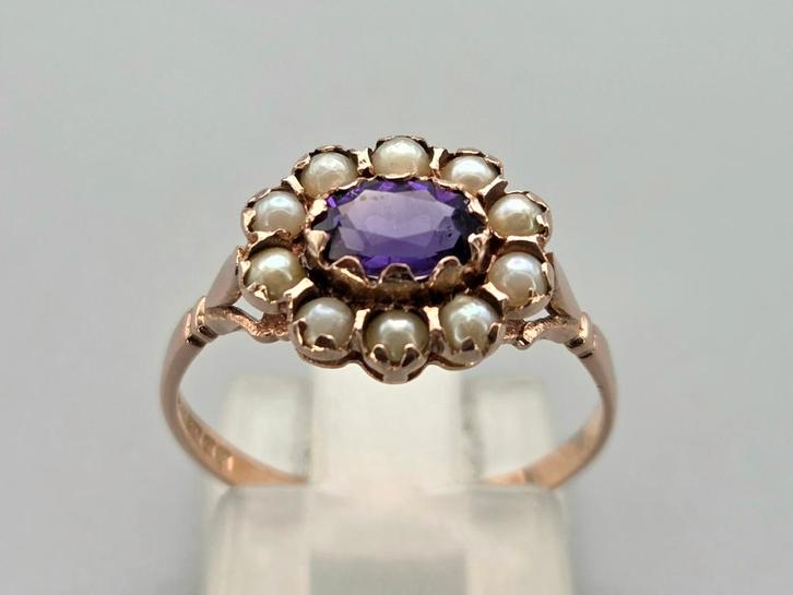Gouden Vintage ring edelsteen amethist en zaadparel.2025/857, Sieraden, Tassen en Uiterlijk, Antieke sieraden, Ring, Goud, Met edelsteen