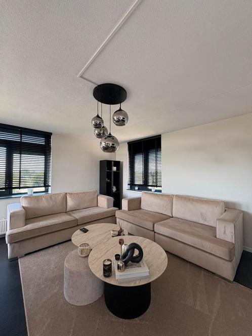 Beige velvet bankstel, Huis en Inrichting, Banken | Complete zithoeken, Zo goed als nieuw, Ophalen of Verzenden