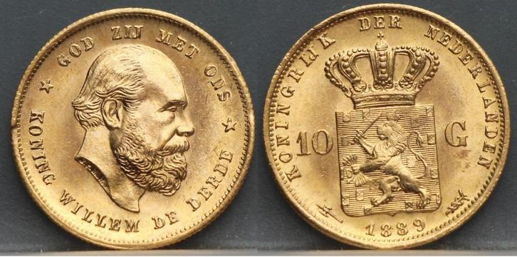 Mooi gouden tientje 1889 - 10 gulden 1889 goud Willem 3, Postzegels en Munten, Munten | Nederland, Losse munt, 10 gulden, Koning Willem III